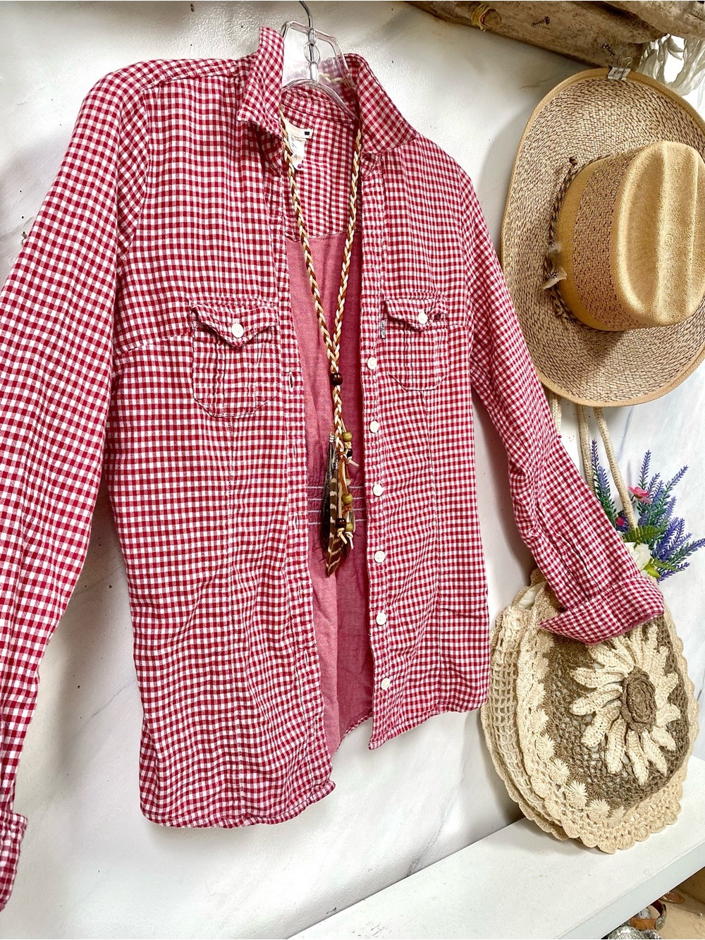 Gingham LEVIS boho shirt /cover up w southwestern country cottagecore vibe